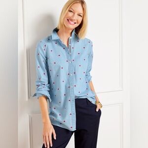 EMBROIDERED HEARTS DENIM BUTTON FRONT SHIRT